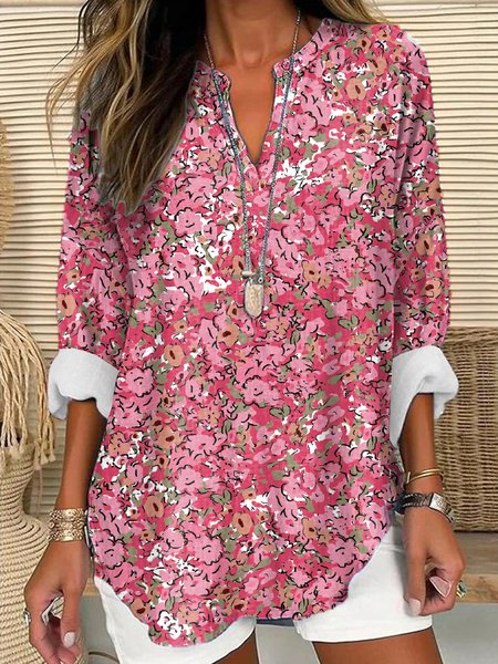 Notched Long Sleeve Small Floral Regular Loose Shirt For Women, Red, Blouses