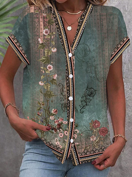 

V Neck Short Sleeve Ethnic Regular Loose Blouse For Women, Green, Shirts
