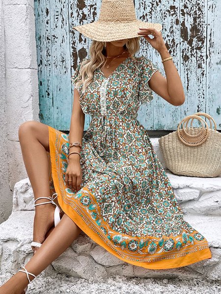 

Women Floral V Neck Short Sleeve Comfy Casual Midi Dress, Yellow, Floral Dresses