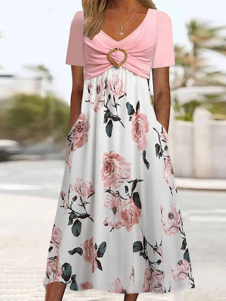 

Women Floral V Neck Short Sleeve Comfy Casual Midi Dress, Pink, Floral Dresses