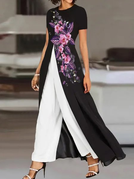 

Women's Jersey Floral Daily Going Out Two Piece Set Short Sleeve Casual Summer Top With Pants Matching Set, Black-white, Suit Set