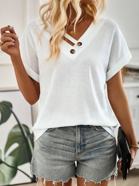 

Women Plain V Neck Casual Short Sleeve T-shirt, White, Tees & T-shirts