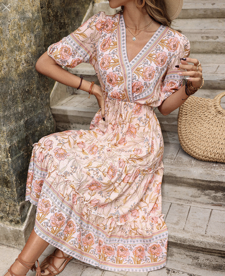 

Women Floral V Neck Short Sleeve Comfy Casual Midi Dress, Pink, Floral Dresses