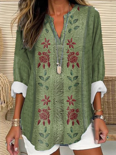 

Notched Long Sleeve Floral Regular Loose Shirt For Women, Green, Blouses