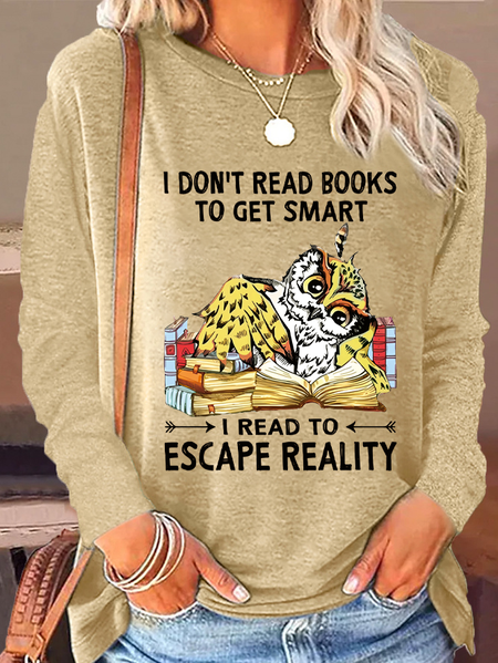

Women's I Don't Read Books Letter Owl Print Letters Casual Crew Neck Shirt, Khaki, Long sleeves