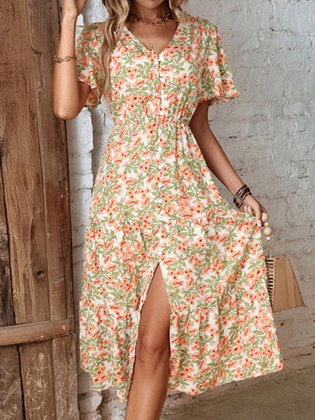 

Women Floral V Neck Short Sleeve Comfy Casual Midi Dress, White, Floral Dresses