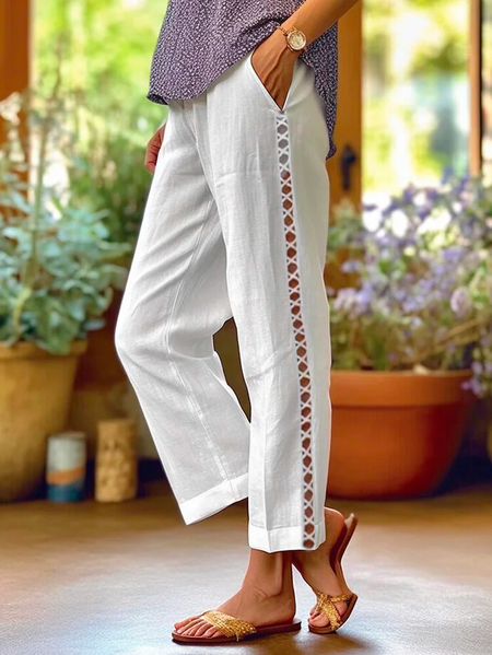 

Casual Loose Cotton Plain Linen Style Pants, White, Pants
