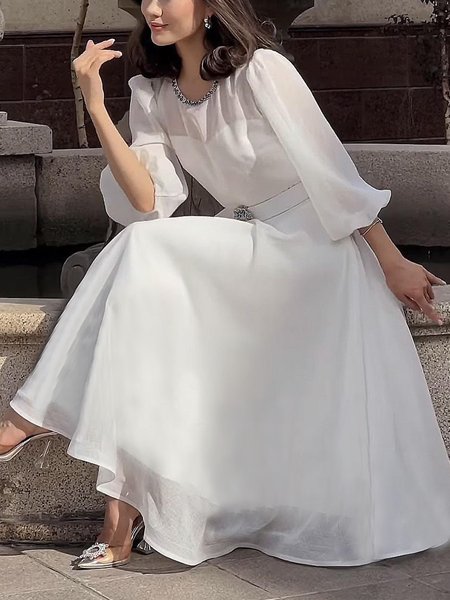 

Crew Neck Elegant Regular Fit Dress With No Belt, White, Maxi Dresses