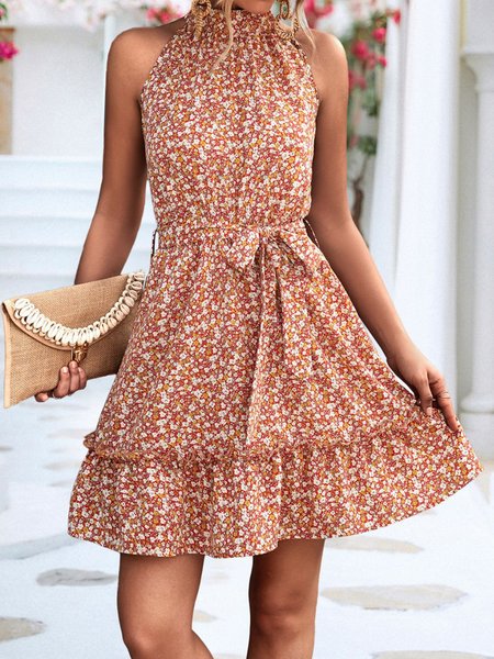 

Women Small Floral Halter Sleeveless Comfy Casual Short Dress, Red, Floral Dresses