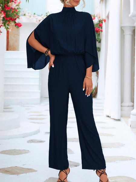 

Women Three Quarter Sleeve Turtleneck Loose Long Daily Casual Plain Natural Jumpsuit, Purplish blue, Sets