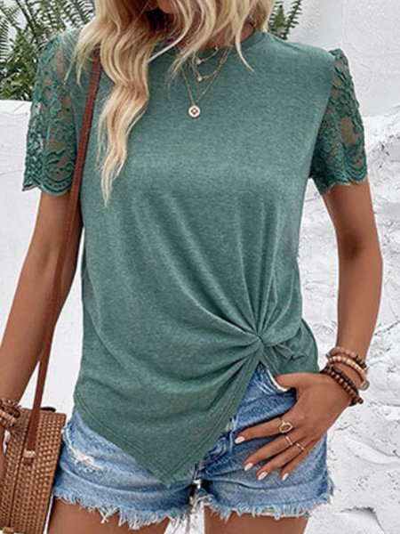 

Crew Neck Short Sleeve Plain Regular Micro-Elasticity Regular Fit Shirt For Women, Green, T-shirts