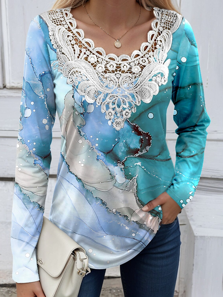 

Casual Abstract V Neck Long Sleeve T-shirt, Multicolor, T-shirts