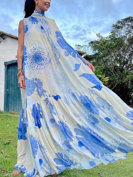 

Stand Collar Loose Floral Vacation Dress, Blue, Maxi Dresses
