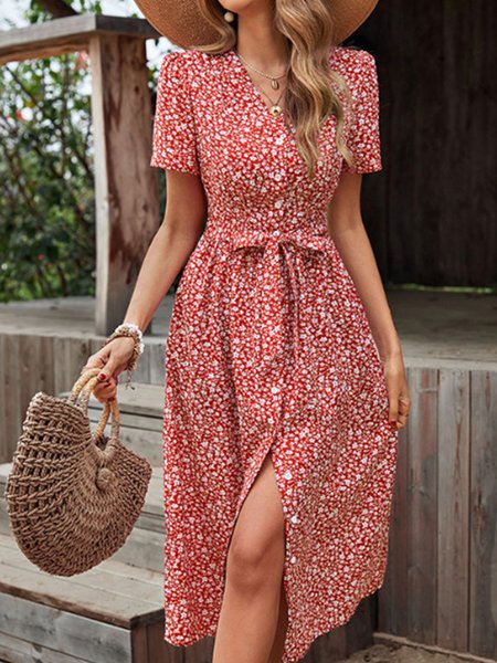 

Women Small Floral V Neck Short Sleeve Comfy Casual Midi Dress, Red, Floral Dresses