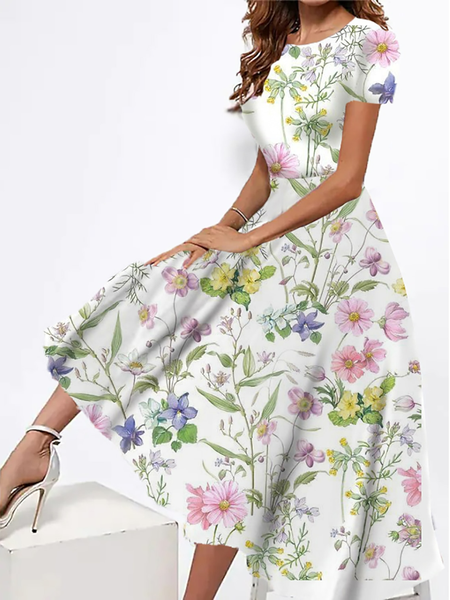 

Floral Casual Cotton-Blend Dress, White, Dresses