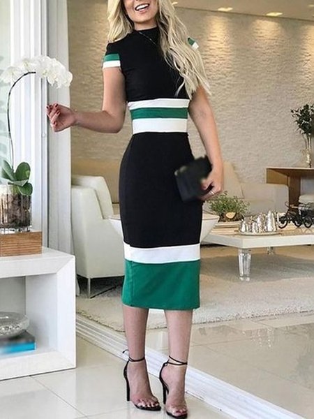 

Urban Striped Crew Neck Midi Dress, As picture, Maxi Dresses