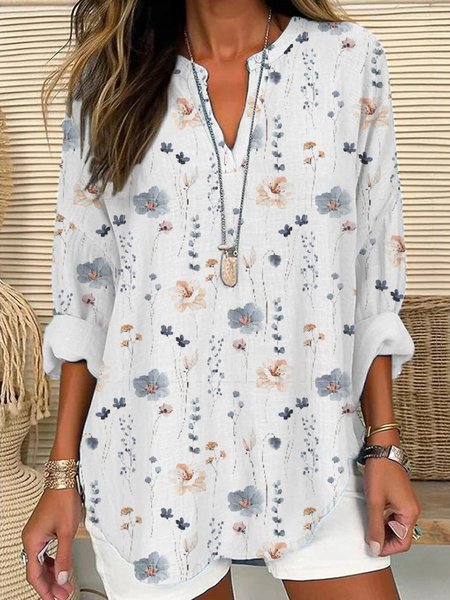 

Notched Long Sleeve Floral Regular Loose Shirt For Women, White, Blouses
