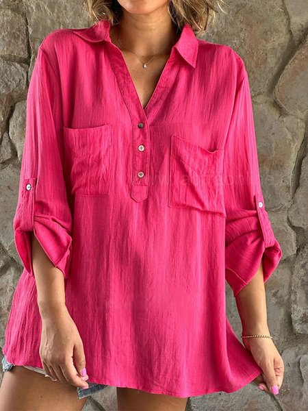 

Shawl Collar Casual Buttoned Plain Blouse, Rose red, Shirts & Blouses