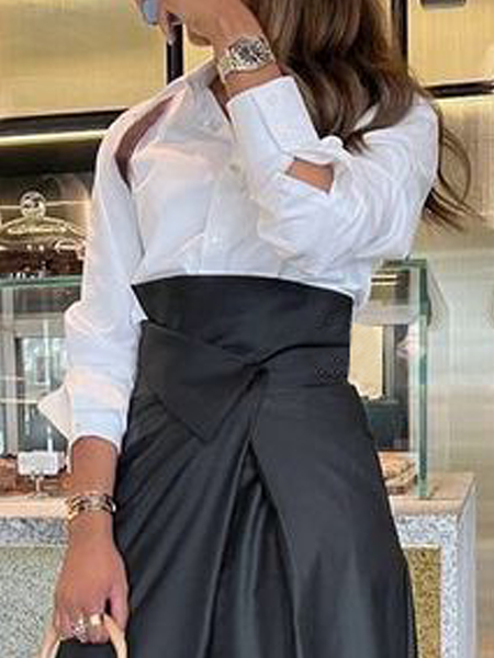 

Plain Urban Loose Shirt Collar Long Sleeve Blouse, White, Blouses and Shirts