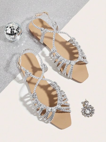 

Vacation Braided Hollow Out Adjustable Buckle Flat Sandals, Silver, Sandals