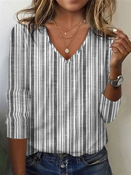 

Casual Striped V Neck Long Sleeve T-shirt, Gray, T-shirts