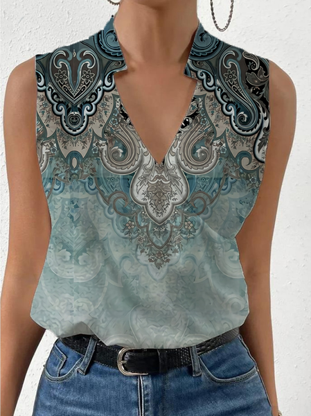 

V Neck Sleeveless Ethnic Regular Loose Shirt For Women, Multicolor, Blouses