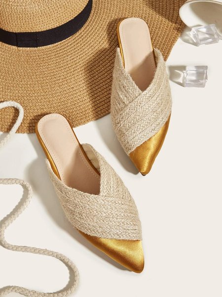 

Color-block Satin Straw Weaved Vacation Flat Mules, Tan, Oxfords