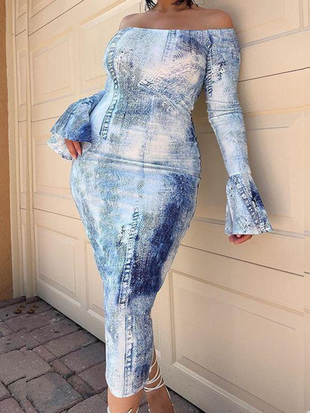 

Tight High Elasticity Elegant Long Sleeve Abstract Midi Dress, Blue, Midi Dresses