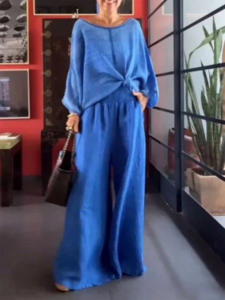 

Casual Plain Cotton Two-Piece Set, Blue, Suit Set
