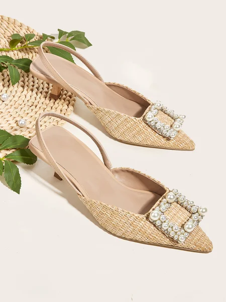 

Elegant Imitation Pearl Buckle Straw Pyramid Heeled Slingback Sandals, Apricot, Sandals