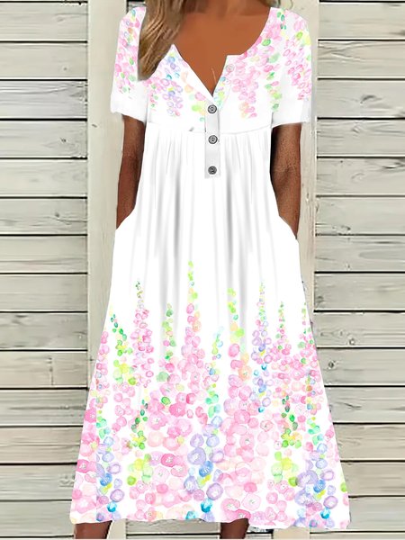 

Cotton-Blend Floral Crew Neck Elegant Dress, Pink, Dresses