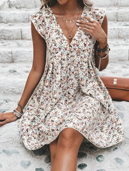 

Loose Floral V Neck Casual Dress, White, Dresses