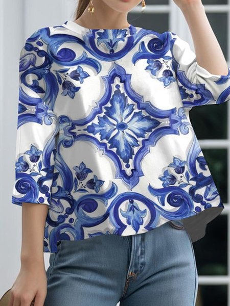 

Loose Abstract Casual Crew Neck Shirt, White-blue, Blouses and Shirts