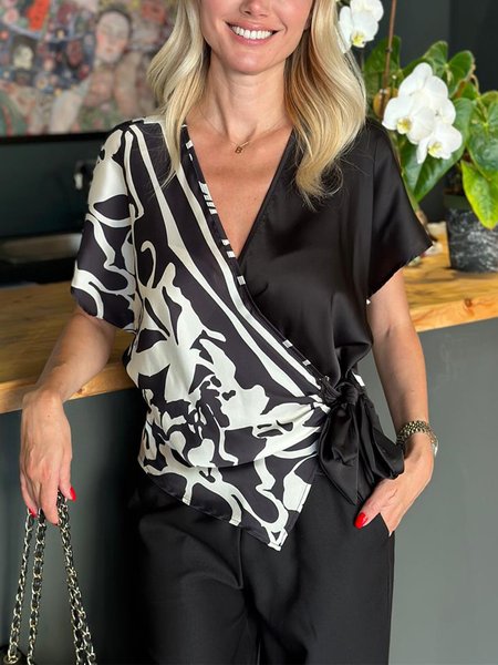 Loose V Neck Urban Color Block Shirt, Black, Blouses and Shirts
