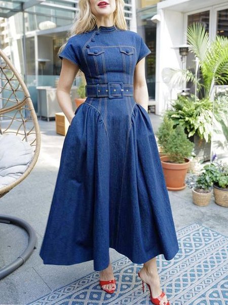 

Elegant Regular Fit Denim Dress With Belt, Blue, Midi Dresses