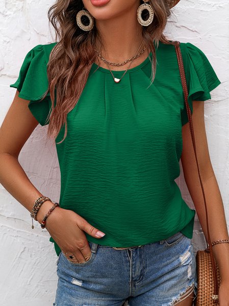 

Crew Neck Short Sleeve Plain Regular Loose Shirt For Women, Green, Blouses