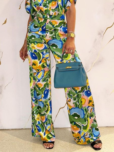 

Regular Fit Green Floral Vacation Fashion Pants, Pants