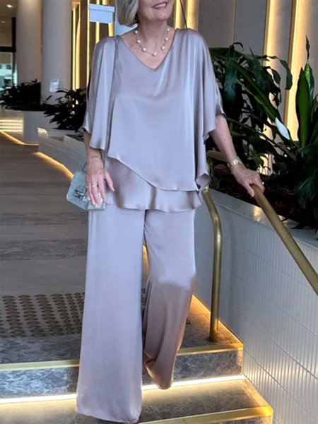 

V Neck Elegant Two-Piece Set, Dusty pink, Suit Set
