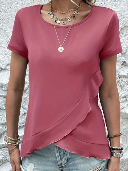 

Crew Neck Short Sleeve Plain Regular Micro-Elasticity Regular Fit Shirt For Women, Brick red, T-shirts