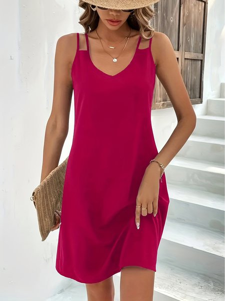 

Women Plain Spaghetti Gallus Comfy Casual Short Dress, Red, Short