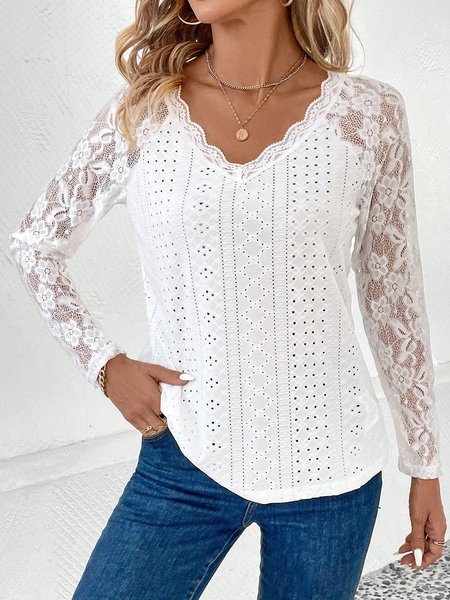 V Neck Long Sleeve Plain Lace Regular Micro-Elasticity Loose Shirt For Women, White, Blouses