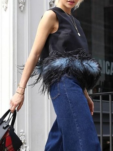 

Plain Crew Neck Urban Sleeveless Feather Shirt, Black, Blouses and Shirts