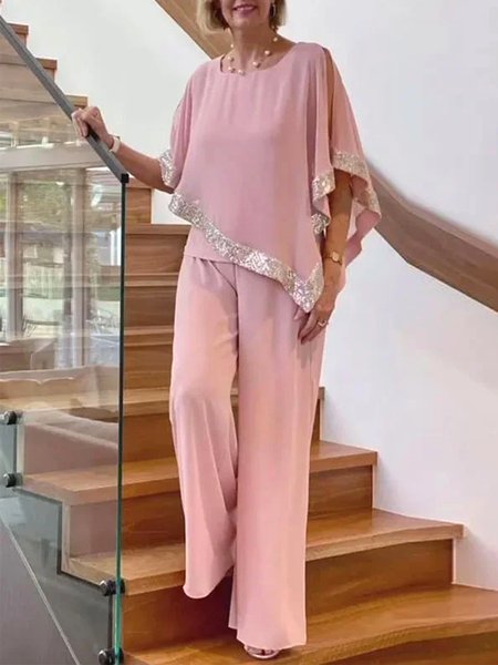 

Crew Neck Elegant Chiffon Two-Piece Set, Pink, Suit Set