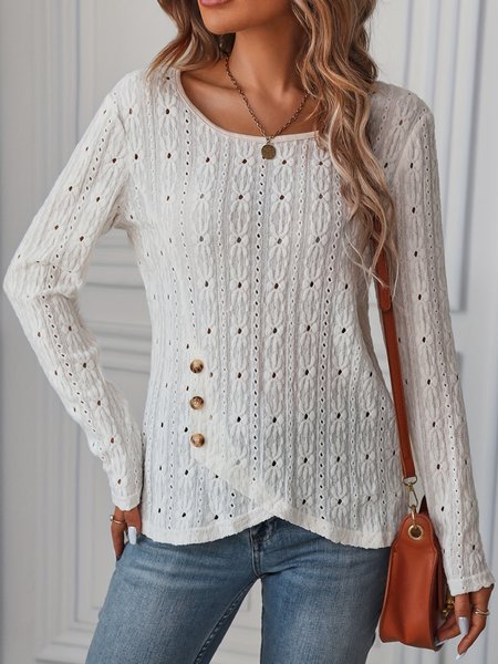 

Crew Neck Long Sleeve Plain Regular Loose Shirt For Women, Apricot, T-shirts