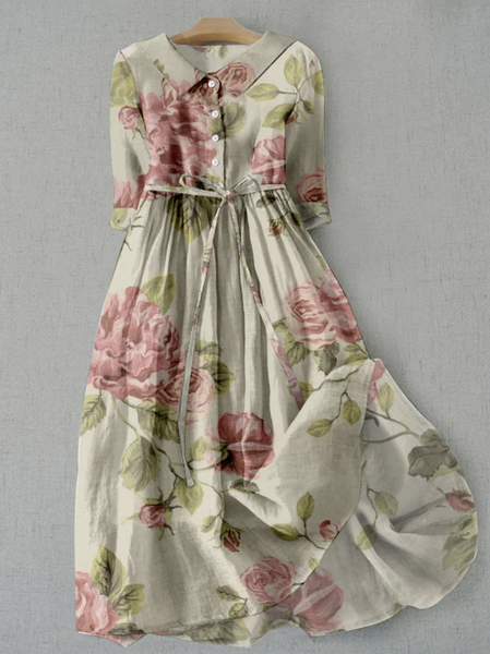

Loose Shirt Collar Vacation Floral Linen Style Dress With Belt, Pink, Midi Dresses