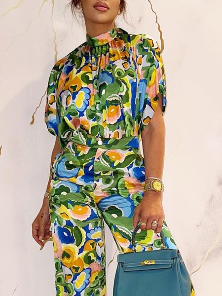

Stand Collar Green Floral Vacation Shirt, Blouses and Shirts
