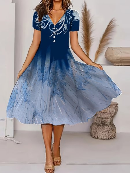 

Loose V Neck Cotton-Blend Elegant Dress, Dark blue, Dresses