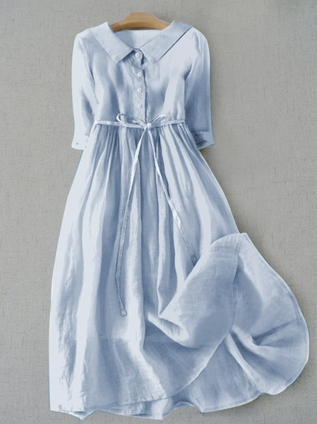

Women's Casual Dress Peter Pan Shirt Collar Plain Loose Linen Style Dress With Belt, Light blue, Midi Dresses
