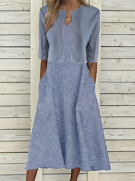 

V Neck Simple Striped Linen Style Dress, Blue, Midi Dresses