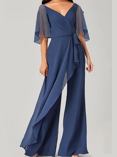 

Plain V Neck Chiffon Elegant Jumpsuit, Dark blue, Jumpsuits＆Rompers